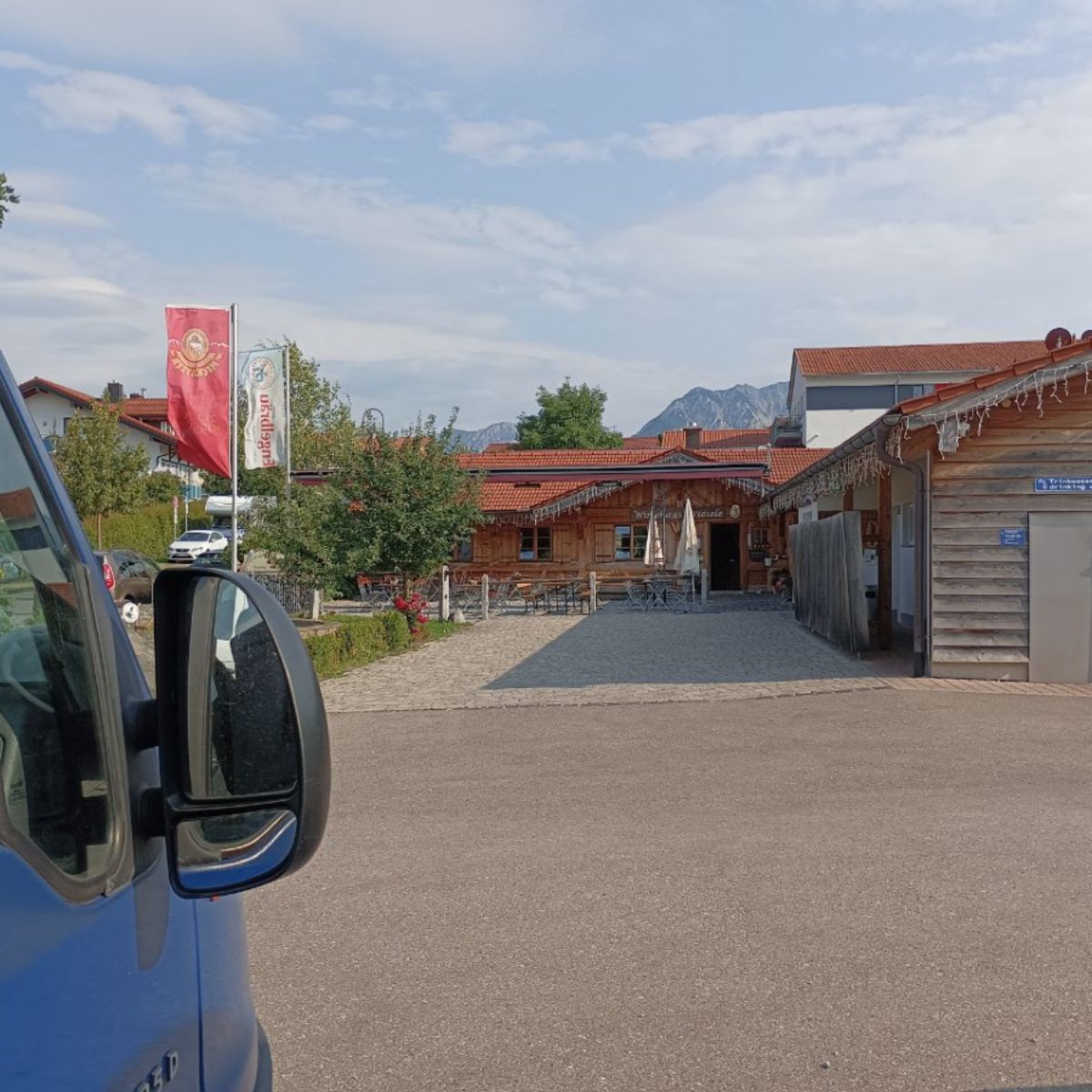View of the sanitary building with mountains..